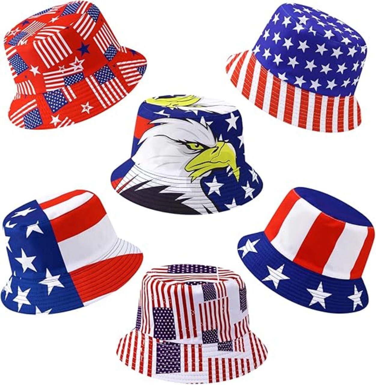 6 Pack Patriotic 4th of July Party Hats, American Flag Bucket Hats, USA Decorations Patriotic Hats Props, Red White and Blue USA Party Hats Accessories, Reversible Bucket Hats for Outdoor